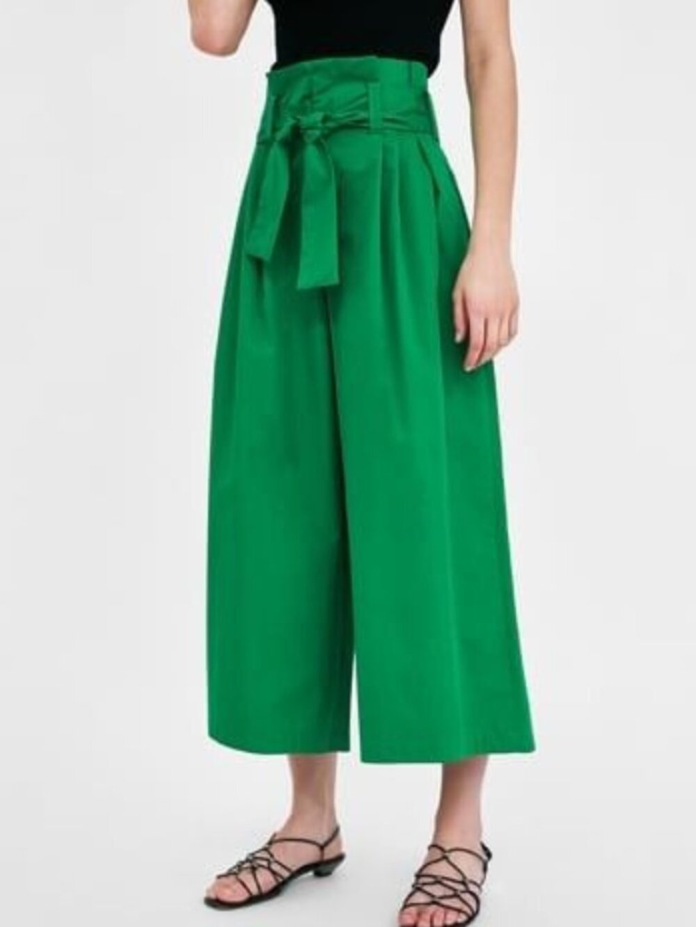 NWT Zara Green Paper Bag Cullotes Pants High Waist Belted Wide Leg Cotton XS